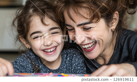 Mother and daughter sharing a laugh while painting 126919611