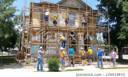 Construction workers restoring an old victorian house facade using scaffolding 126919650