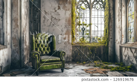 Green Spiked Throne Sitting in Deserted Church with Overgrown Plants Green Spiked Throne Sitting in Deserted Church with Overgrown Plants 126919676