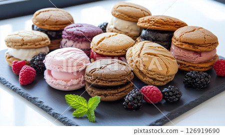 Ice cream sandwiches with fresh berries and mint on a slate platter 126919690