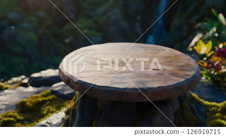Empty stone podium in a jungle setting with waterfall 126919715