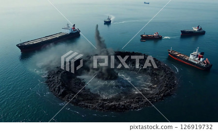 Underwater nuclear explosion creating a new island with cargo ships observing 126919732