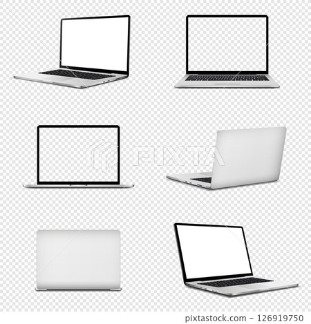 Mockup of laptop computer. Front, back and side view with white and empty screen on transparent background. 126919750