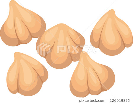 Five chickpeas are falling against a white background, creating a visually appealing arrangement that highlights their unique shape and texture 126919855