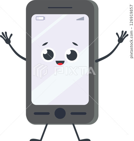 Cartoon smartphone character waving with arms and legs, featuring a cheerful expression, embodying the fun and connectivity of mobile technology Cartoon smartphone character waving with arms and legs, featuring a cheerful expression, embodying the fun and connectivity of mobile technology 126919857