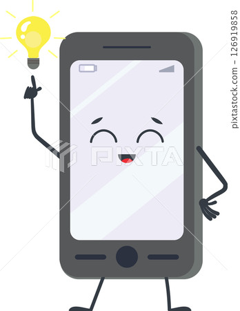Cartoon smartphone featuring a cheerful face, happily pointing at a glowing light bulb symbolizing a brilliant idea, all set against a clean white background 126919858