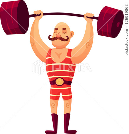 Circus strongman with a prominent mustache lifting a heavy barbell during a thrilling show, showcasing incredible strength while delighting and entertaining the captivated audience Circus strongman with a prominent mustache lifting a heavy barbell during a thrilling show, showcasing incredible strength while delighting and entertaining the captivated audience 126919868