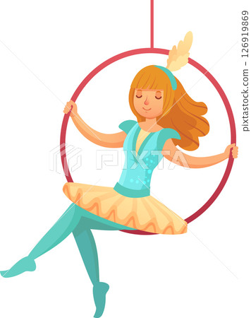 Female circus artist performing an aerial hoop act, displaying remarkable grace and skill in a vibrant, dynamic entertainment environment filled with excitement and joy Female circus artist performing an aerial hoop act, displaying remarkable grace and skill in a vibrant, dynamic entertainment environment filled with excitement and joy 126919869
