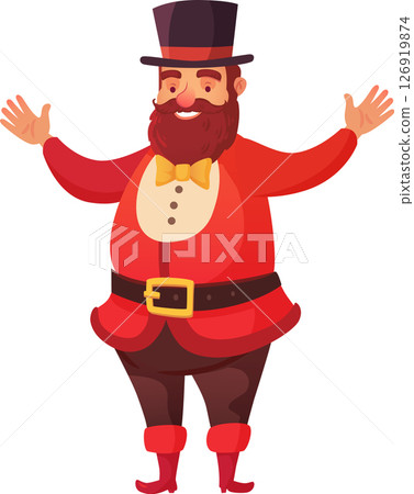 Cheerful, bearded circus performer in red costume and top hat, standing with arms outstretched, greeting audience and inviting to enter the show Cheerful, bearded circus performer in red costume and top hat, standing with arms outstretched, greeting audience and inviting to enter the show 126919874