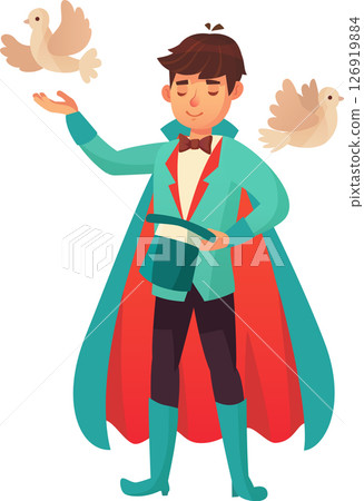 Young illusionist wearing a turquoise suit with red cape and bow tie, holding a top hat and making doves appear from his hands, performing a magic show 126919884