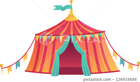 Brightly striped circus tent with open entrance, decorated with colorful flags, creates a festive atmosphere, inviting visitors to enter and experience the magic of the show 126919898