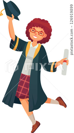 Happy graduating student is jumping, waving graduation cap and diploma, celebrating successful completion of studies, full of joy and excitement for the future Happy graduating student is jumping, waving graduation cap and diploma, celebrating successful completion of studies, full of joy and excitement for the future 126919899