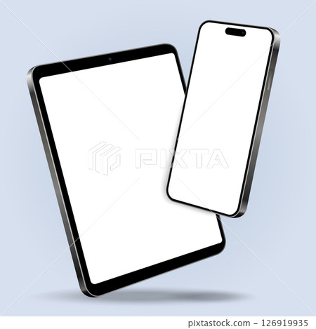 Smartphone with tablet mockup with blank screens while levitating in the air on a blue background Smartphone with tablet mockup with blank screens while levitating in the air on a blue background 126919935