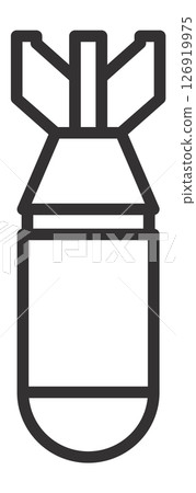 Simple, thick line icon of an aerial bomb falling with deployed stabilizing fins, representing concepts of war, destruction, and military conflict, suitable for various graphic design projects 126919975