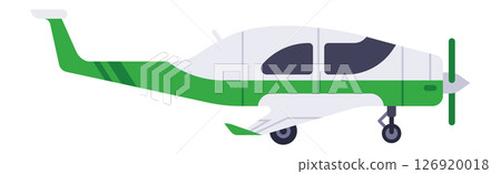 Green and white light aircraft sitting on the ground, side view, showcasing modern design in a flat vector illustration isolated on a white background 126920018