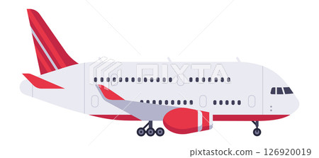Modern passenger airplane featuring a striking red and white livery, parked on the ground in a side view perspective, capturing the essence of aviation and travel concepts Modern passenger airplane featuring a striking red and white livery, parked on the ground in a side view perspective, capturing the essence of aviation and travel concepts 126920019