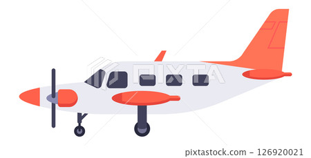 Side view of a small passenger turboprop airplane with red and white livery is taxiing on the ground preparing for takeoff, isolated vector illustration on white background 126920021