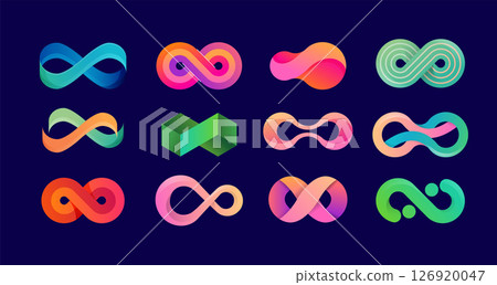 Collection of Infinity logos. Colorful infinite, eight shaped loop icon set. Modern vector design Collection of Infinity logos. Colorful infinite, eight shaped loop icon set. Modern vector design 126920047