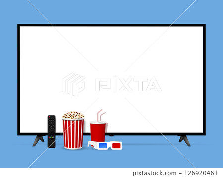Realistic tv blank screen mockup, remote control, popcorn, cola, glasses 126920461