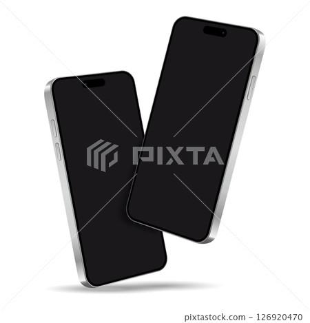 Two smartphones mockup with black screens while levitating in the air on a white background Two smartphones mockup with black screens while levitating in the air on a white background 126920470
