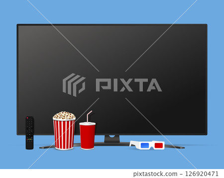 Realistic modern smart tv, remote control, popcorn bucket, soda cup and glasses 126920471