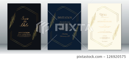 Elegant Wedding Invitation Set with Golden Leaf and Geometric Frame 126920575