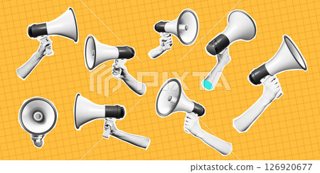 Collage of Megaphones on Orange Grid Background 126920677