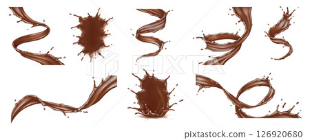 Dynamic Chocolate Splashes Set on White Background 126920680