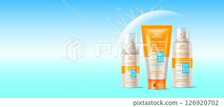 Sunscreen Bottles Against Bright Sky Background 126920702