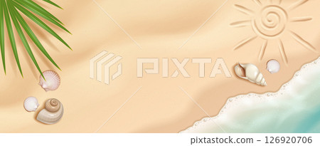 Tropical Beach Scene with Shells and Palm Leaf Tropical Beach Scene with Shells and Palm Leaf 126920706