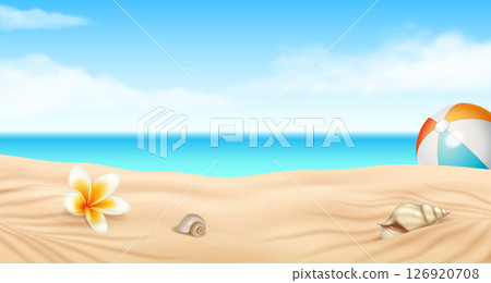 Serene Beach Scene with Flowers and Shells 126920708