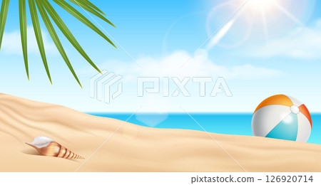 Tropical Beach with Palm Leaf and Ball Tropical Beach with Palm Leaf and Ball 126920714