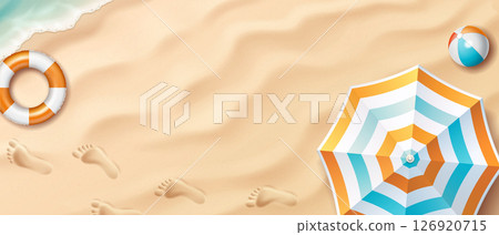 Beach Scene with Umbrella and Footprints in Sand Beach Scene with Umbrella and Footprints in Sand 126920715