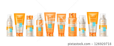 Assorted Sunscreen Bottles Collection on White Background 126920718