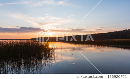 Panoramic photo featuring tranquil sunset view over a calm lake 126920751