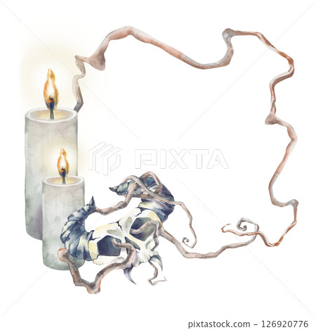 A square frame made of dry intertwined tree branches, burning candles and a fantasy skull with horns. The watercolor illustration is isolated. For decorating scary fairy tales or Halloween. A square frame made of dry intertwined tree branches, burning candles and a fantasy skull with horns. The watercolor illustration is isolated. For decorating scary fairy tales or Halloween. 126920776