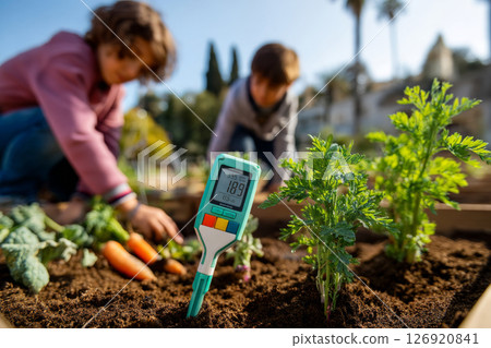 Digital soil moisture meter in garden near children harvesting carrots 126920841