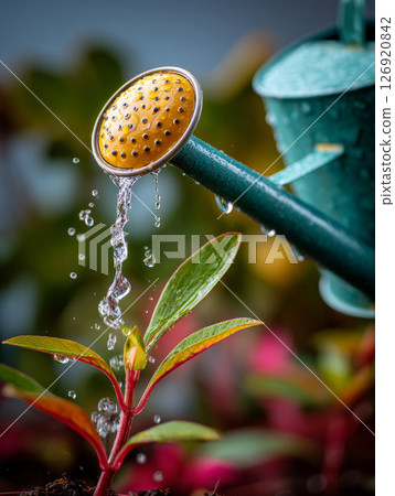 Close-up of watering can spout dripping water on young green plant in garden setting 126920842
