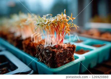 Close-up view of microgreen seedlings in soil plugs arranged in blue plastic trays indoors 126920860