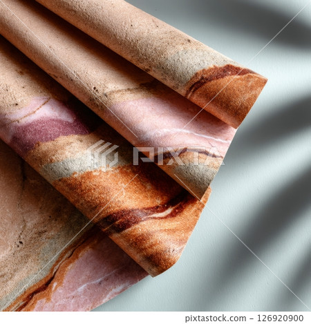 Travertine-like marble folded texture in natural tones of orange, pink and beige for decorative use Travertine-like marble folded texture in natural tones of orange, pink and beige for decorative use 126920900