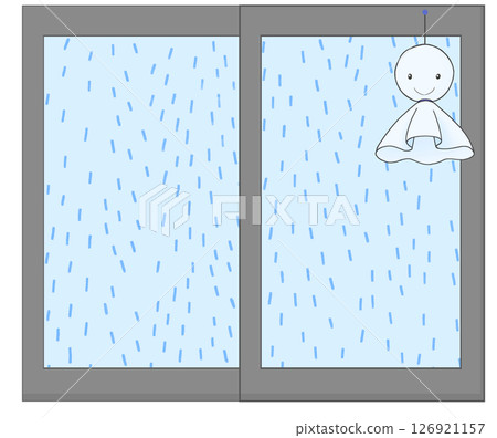Illustration of rain through a window and a Teru Teru Bouzu 126921157
