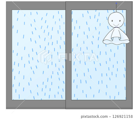 Illustration of rain through a window and a Teru Teru Bouzu 126921158