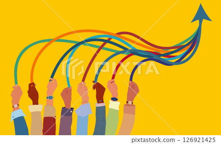 Diverse hands pulling together colorful arrows forming an upward arrow symbolizing unity and growth Diverse hands pulling together colorful arrows forming an upward arrow symbolizing unity and growth 126921425