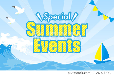 Children's summer vacation and summer background frame material with the image of pools, oceans, and water play_waves, seagulls, etc. 126921459