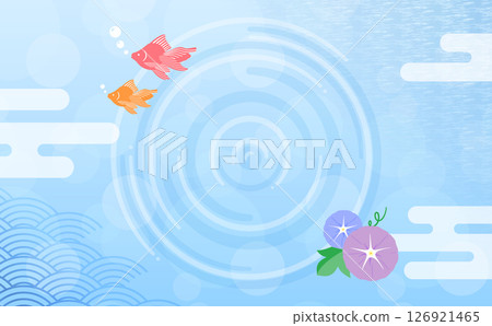 清涼夏日日式相框素材，水、金魚、牽牛花、風鈴等，適合作為夏日祭典或年中禮物的背景 126921465