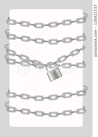 Padlock and chain. Gray metal chain and padlock, handcuffed card, vector 126921537