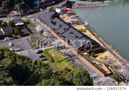 日本愛知縣犬山市：春天的犬山城，櫻花盛開。從國寶級天守閣頂層眺望。周圍的城市景觀和自然風光。 126921574