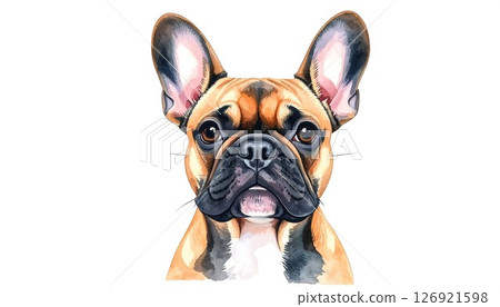A watercolor painting of a French bulldog tilting its head with a calm expression 126921598