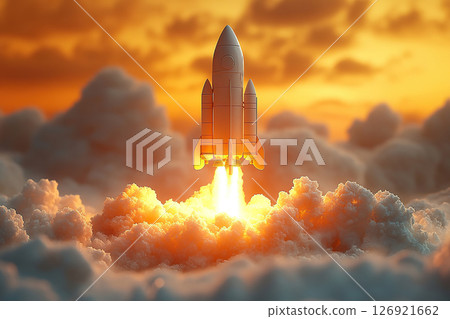 Launch of a white rocket on orange background, white smoke and clouds 126921662