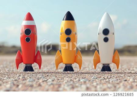 Launch of colorful rockets on blue sky background 126921685